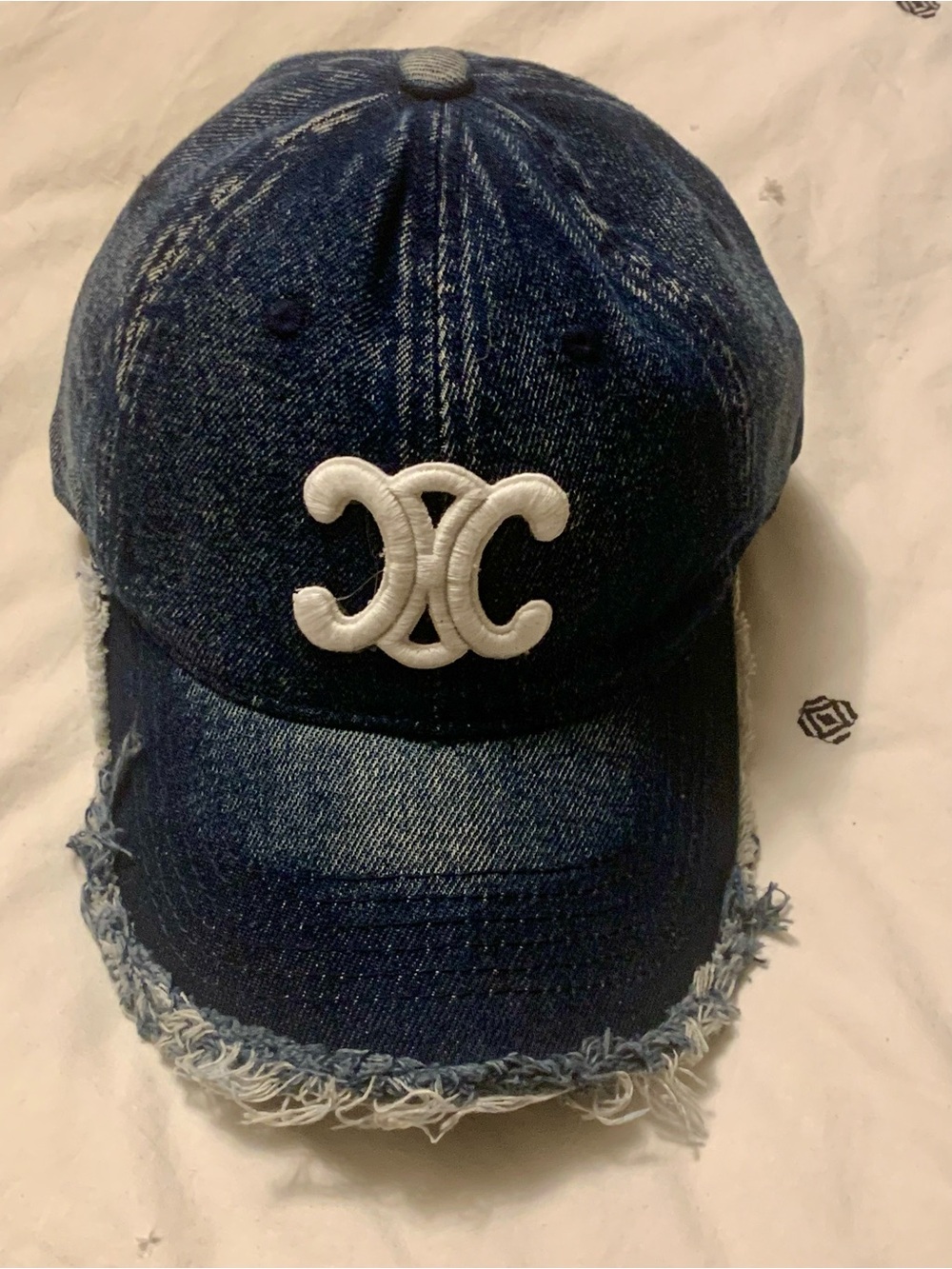 CELINE Denim Distressed Baseball Cap with White Embroidered Logo